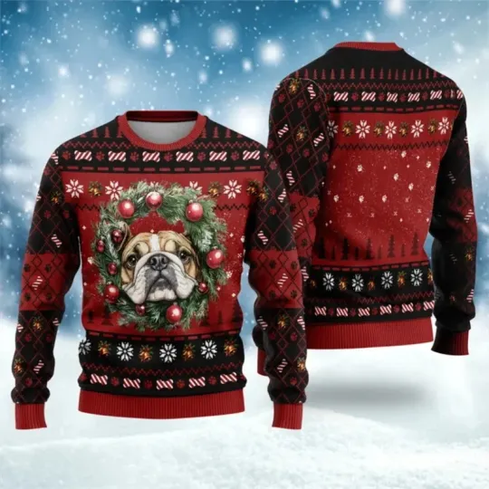 3D Print Bulldog Graphic Ugly Christmas Sweatshirt, Animal Dog Xmas Sweatshirt - Image 4