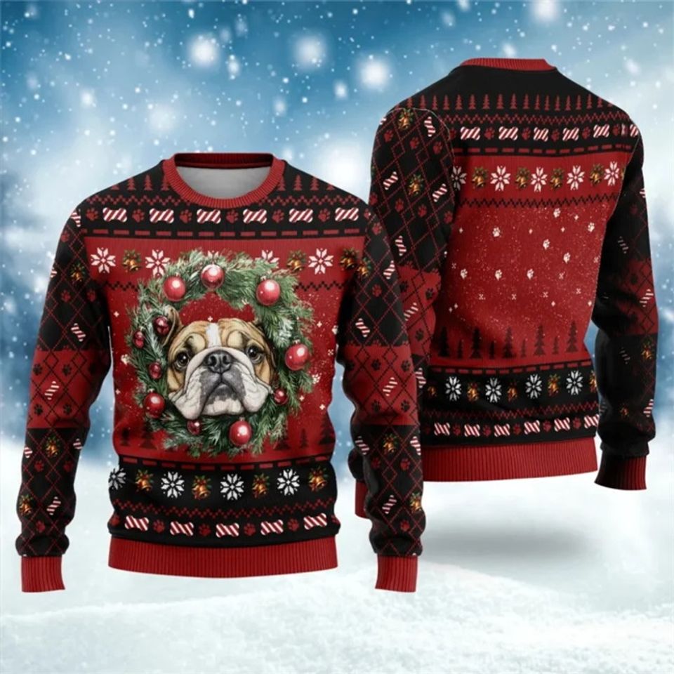 3D Print Bulldog Graphic Ugly Christmas Sweatshirt, Animal Dog Xmas Sweatshirt