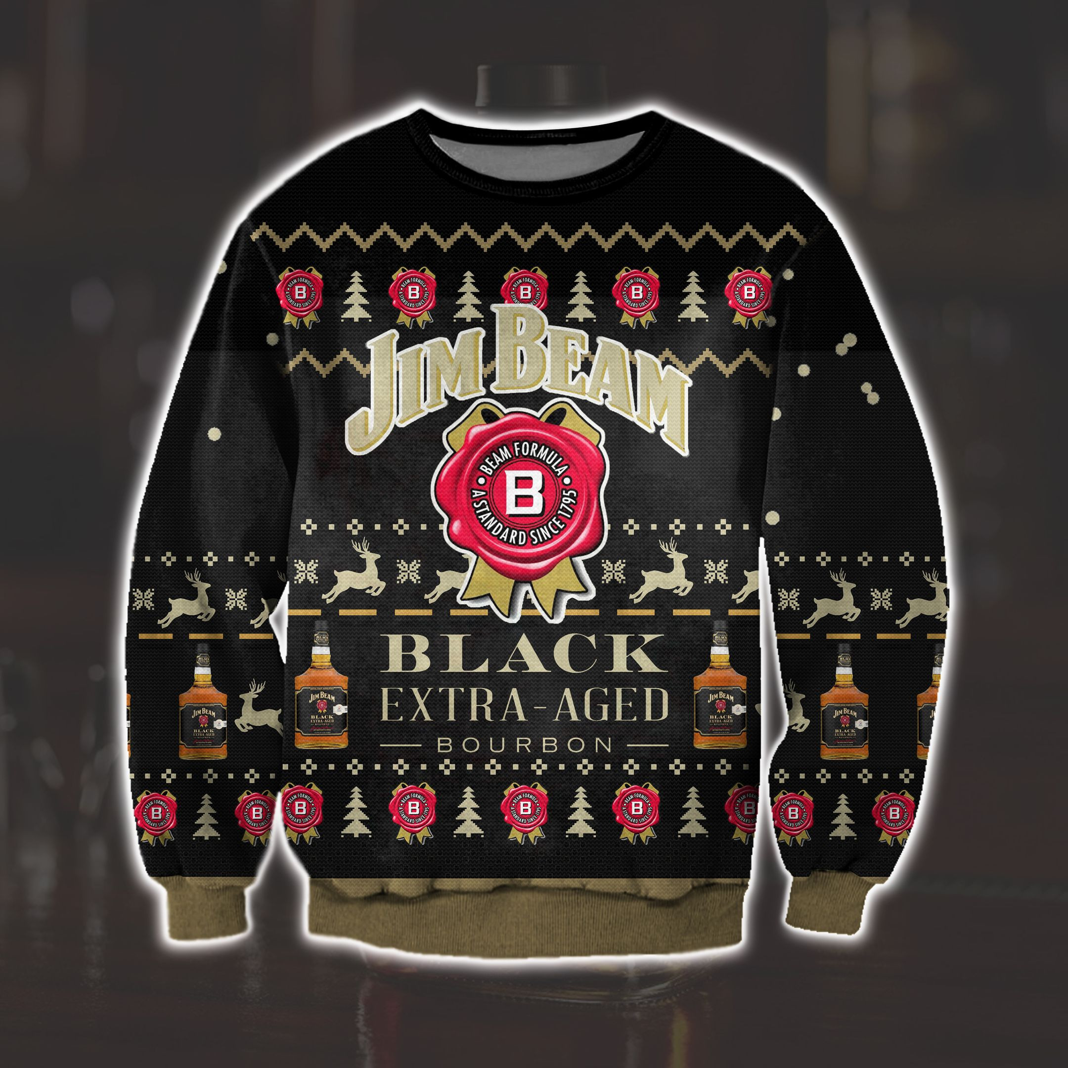 3D Print Jim Beam Black Extra Aged Bourbon Ugly Christmas Sweater Adult 3D Funny Matching for family
