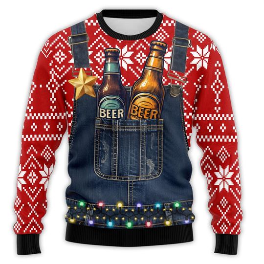 3D Print Ugly Christmas Sweatshirt, Funny Santa Claus Drank Beer Holiday Sweatshirt - Image 3