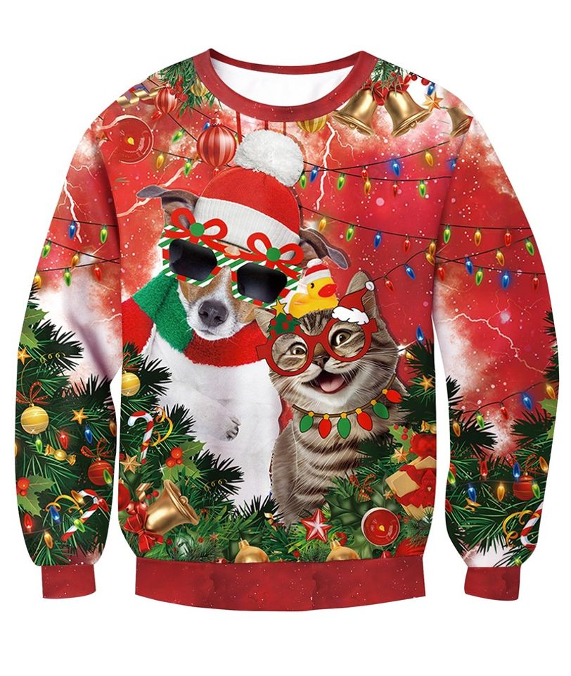 3D Printed Ugly Christmas Sweatshirt, Funny Animal Cat Pattern Sweatshirt