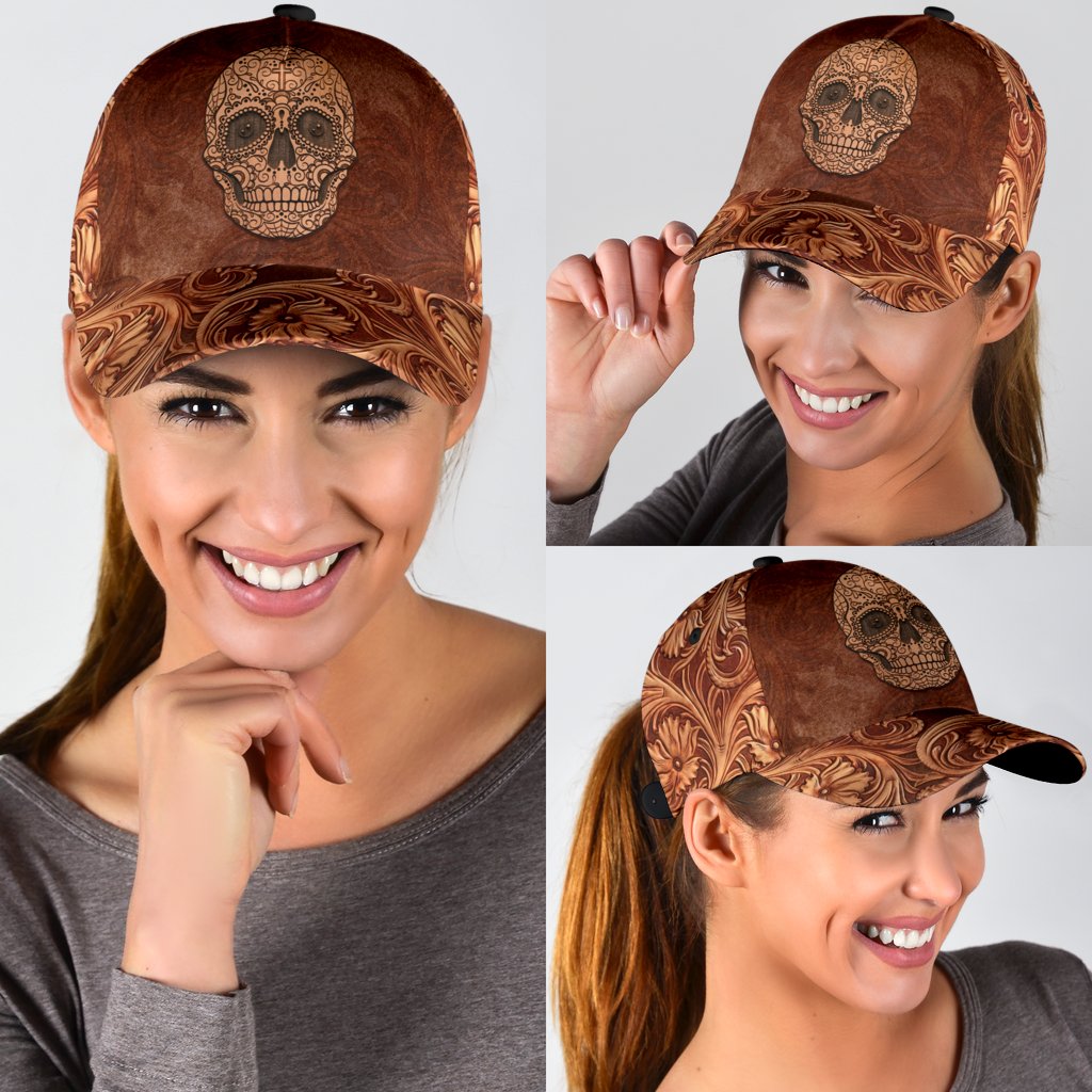 3D Skull Classic Cap Hat Brown Leather Pattern Skull On Cap Hat For Him Her Trucker Hats Custom Hats Gifts For Men & Women