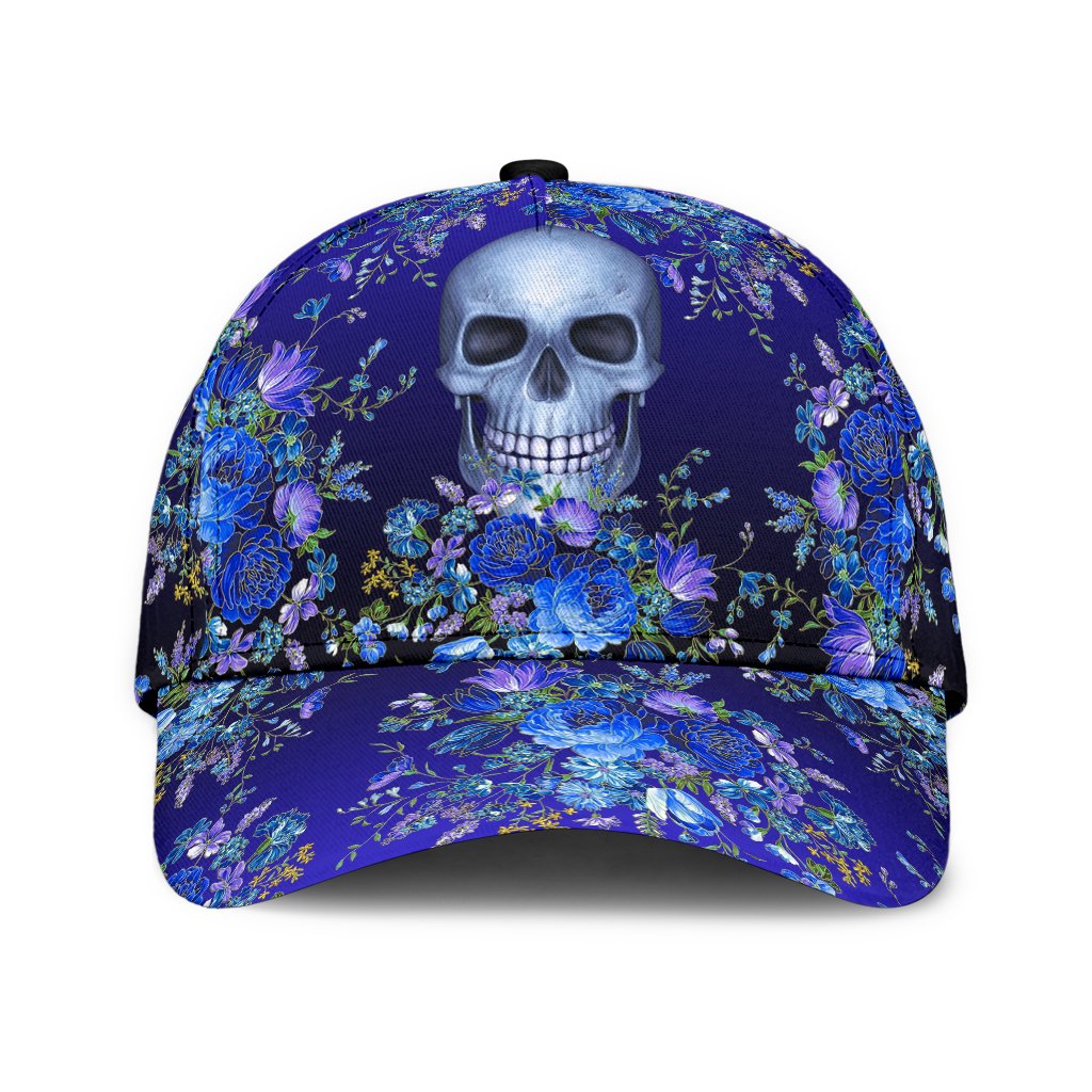 3D Skull Classic Cap Hat With Blue Floral Pattern, Flower Skull Cap Hat For Her, Women Skull Cap Trucker Hats Custom Hats Gifts For Men & Women