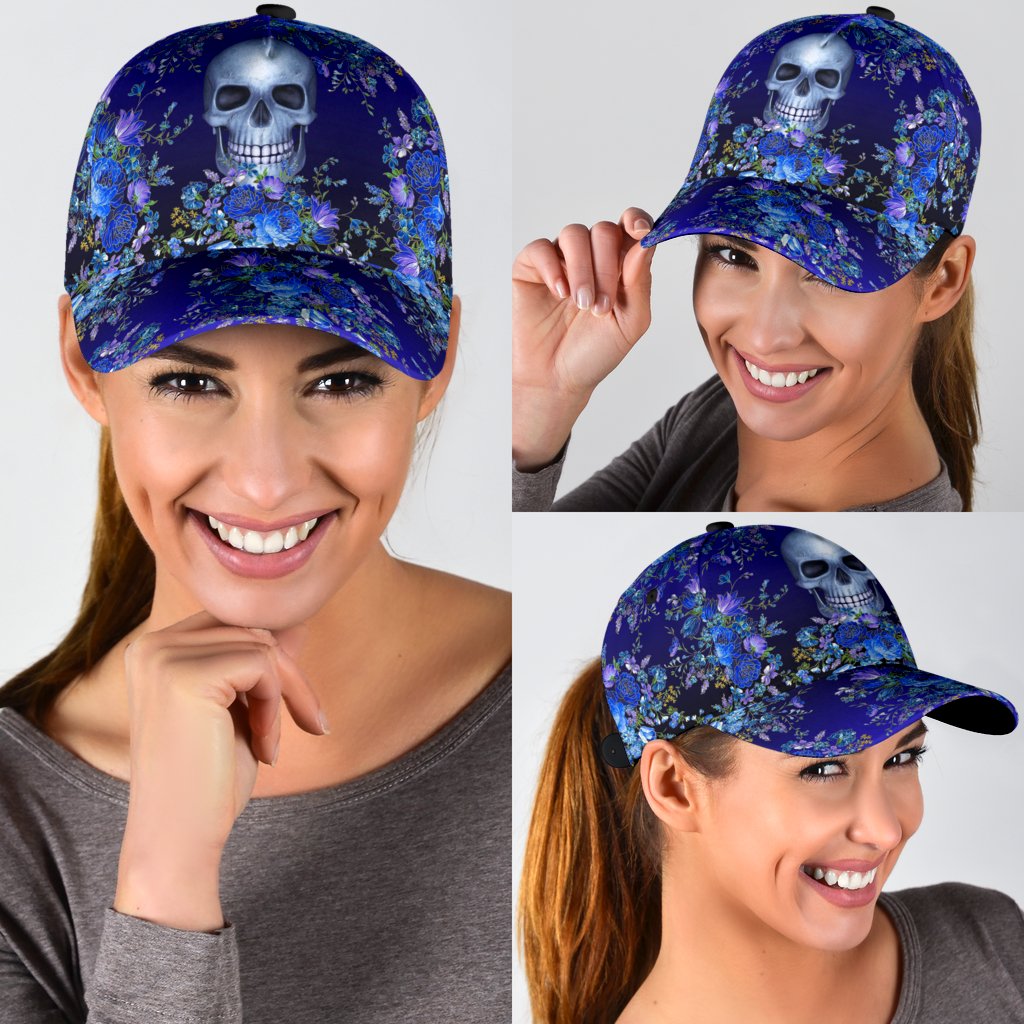 3D Skull Classic Cap Hat With Blue Floral Pattern, Flower Skull Cap Hat For Her, Women Skull Cap Trucker Hats Custom Hats Gifts For Men & Women