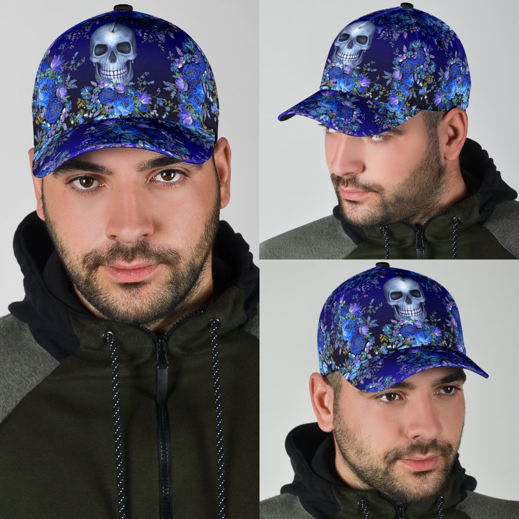 3D Skull Classic Cap Hat With Blue Floral Pattern, Flower Skull Cap Hat For Her, Women Skull Cap Trucker Hats Custom Hats Gifts For Men & Women