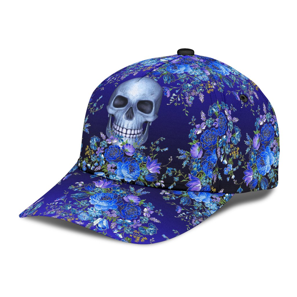 3D Skull Classic Cap Hat With Blue Floral Pattern, Flower Skull Cap Hat For Her, Women Skull Cap Trucker Hats Custom Hats Gifts For Men & Women