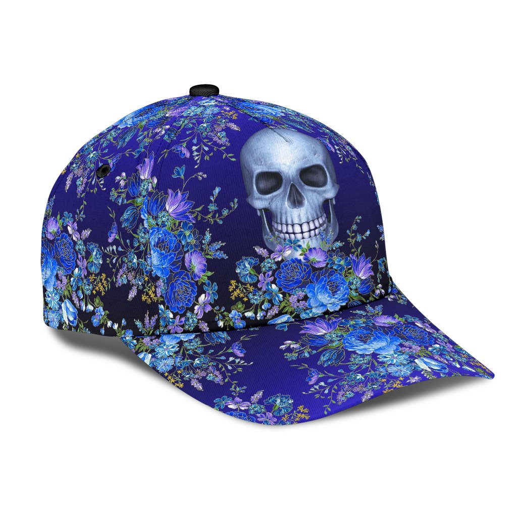 3D Skull Classic Cap Hat With Blue Floral Pattern, Flower Skull Cap Hat For Her, Women Skull Cap Trucker Hats Custom Hats Gifts For Men & Women