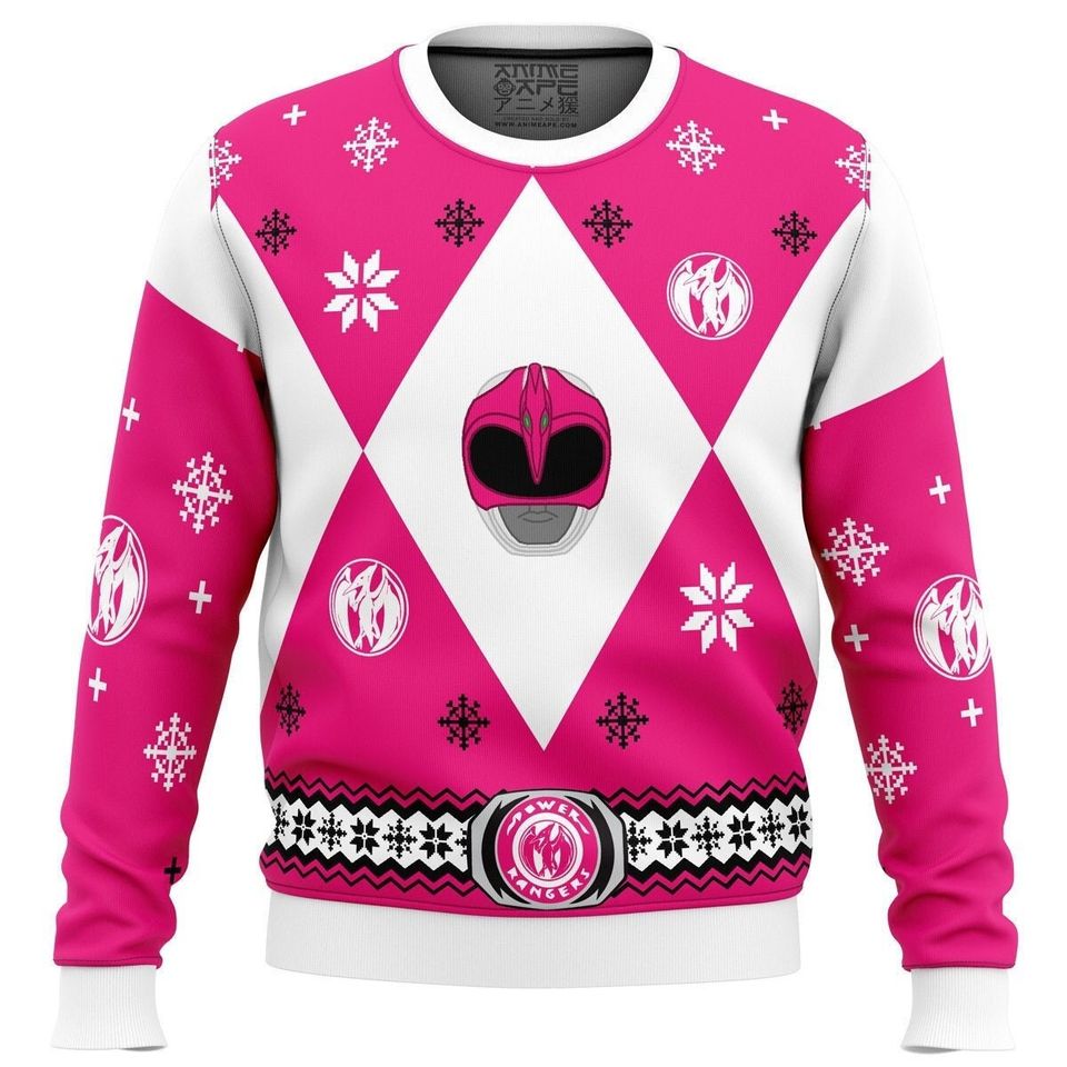 3D Ugly Christmas Sweater Mighty Morphin Power Rangers Pink Ugly Christmas Sweater