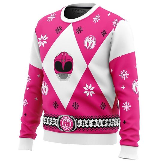 3D Ugly Christmas Sweater Mighty Morphin Power Rangers Pink Ugly Christmas Sweater - Image 7