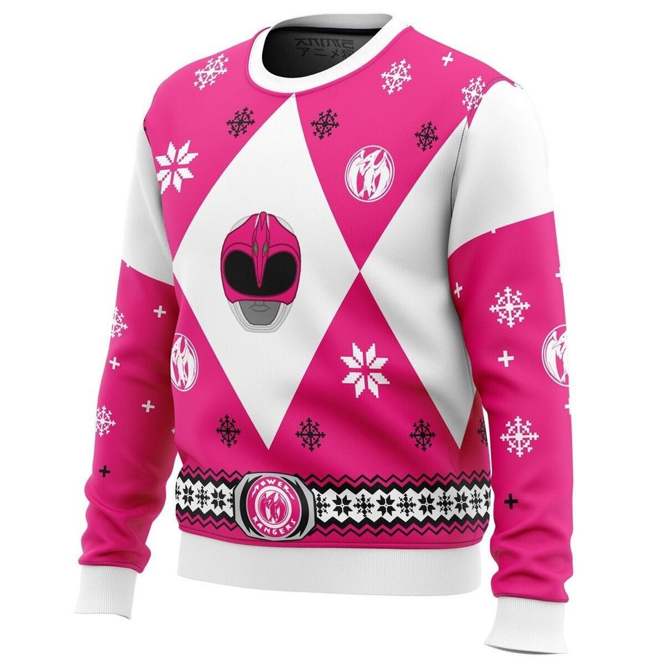 3D Ugly Christmas Sweater Mighty Morphin Power Rangers Pink Ugly Christmas Sweater - Image 2