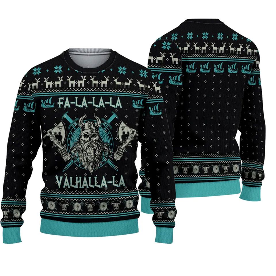 3D Vikingss FA La La Teal Ugly Christmas Sweater