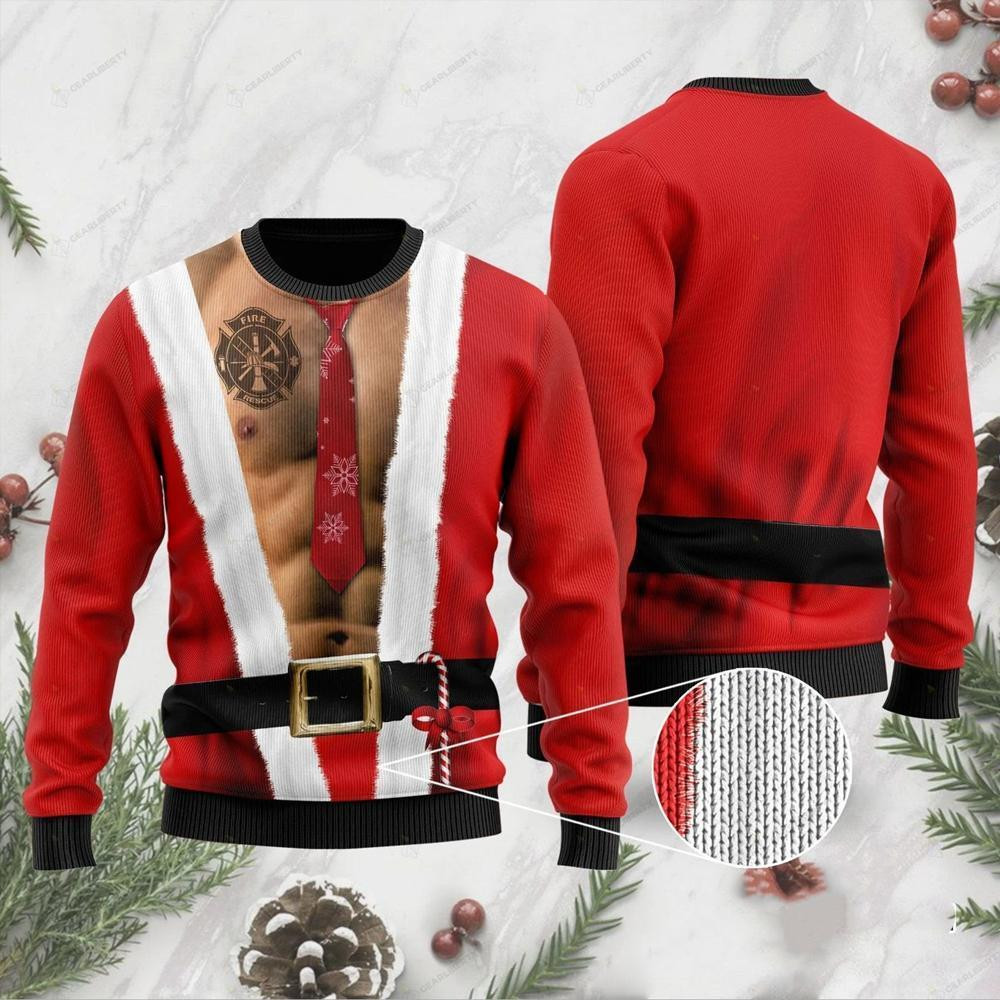 6 Packs Body With Firefighter Tattoo For Firefighters Ugly Christmas Sweater Adult 3D Funny Matching for family