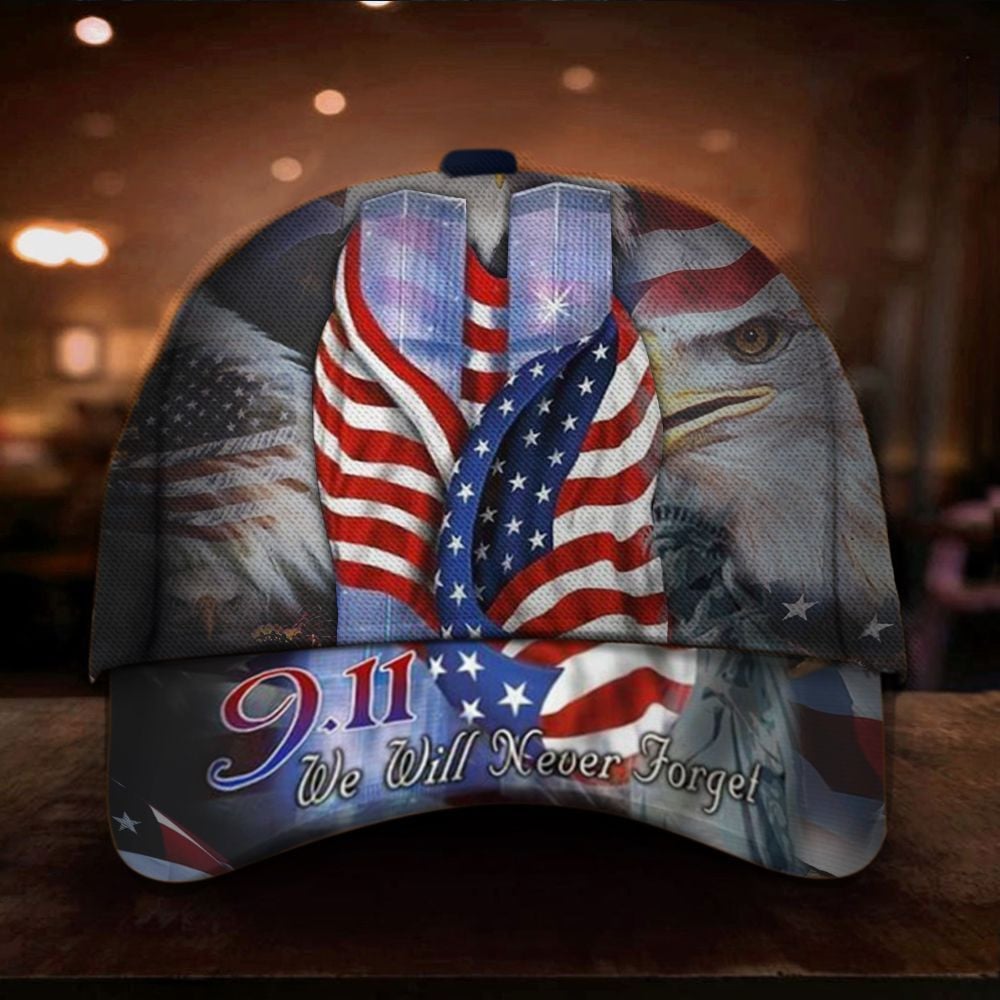 9.11 Never Forget Eagle USA Flag Cap In Memorial Twin Tower Attacks Patriot Day Merch Trucker Hats Custom Hats Gifts For Men & Women