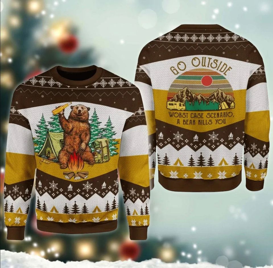 A Bear With Beer Go Outside Camping 3D Sweater