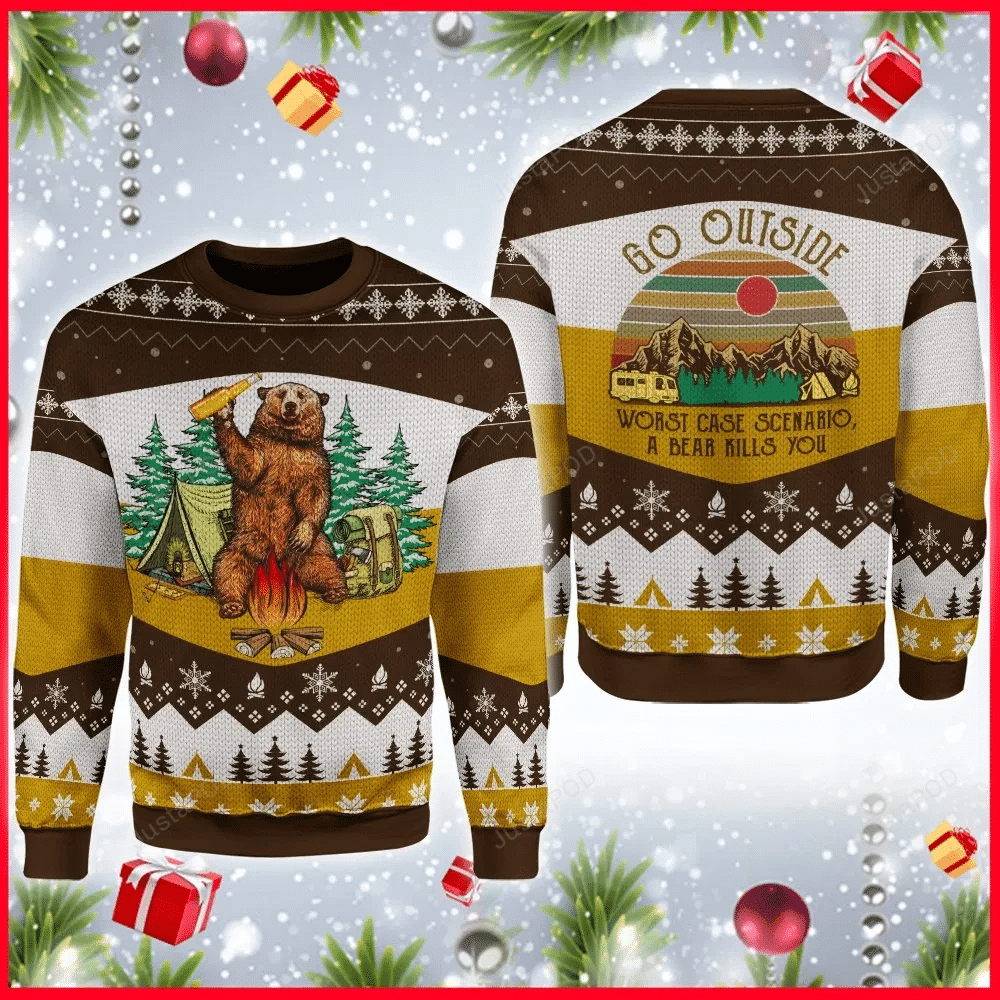 A Bear With Beer Vintage Camping Ugly Christmas Sweater Adult 3D Funny Matching for family