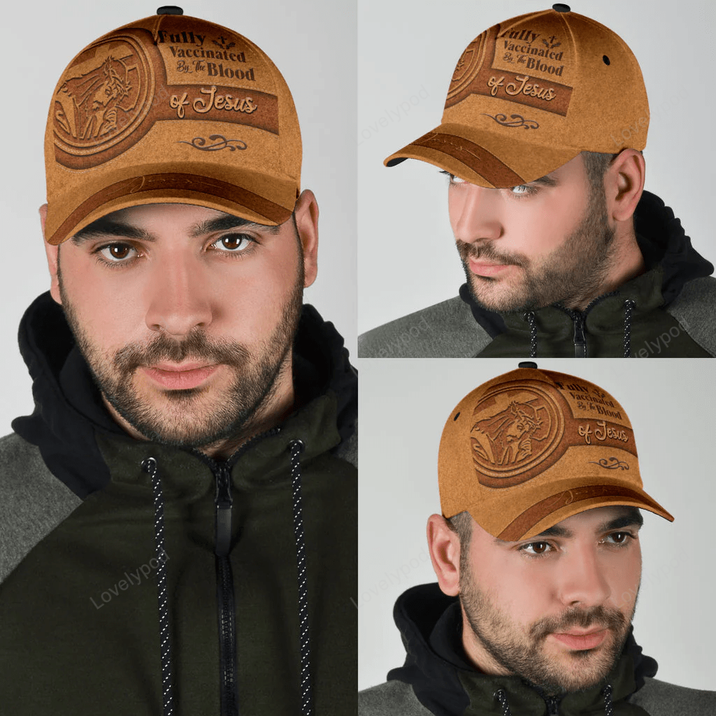 A Classic Cap Hat Fully Vaccinated By The Blood Of Jesus Leather Cover, Baseball Jesus Cap Hat Trucker Hats Custom Hats Gifts For Men & Women