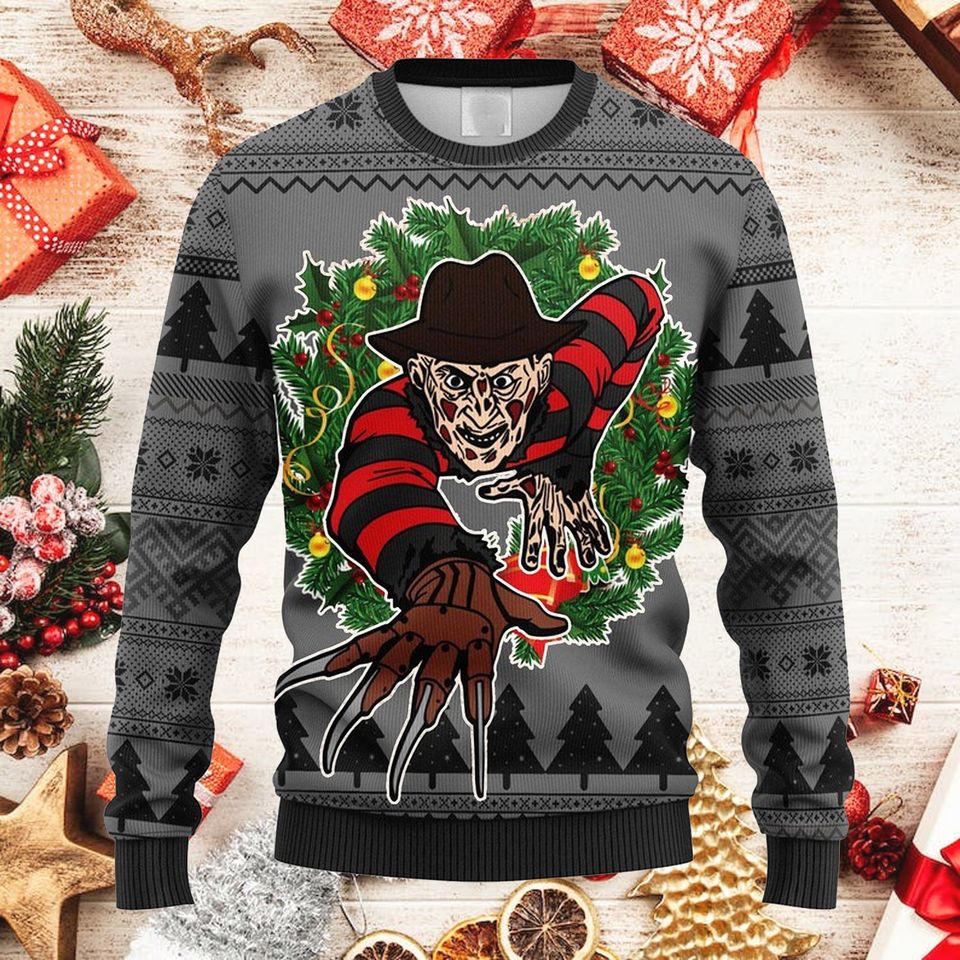 A Nightmare on Elm Street Ugly Christmas Sweatshirt | He Know When You Are Sleeping Ugly Xmas Sweatshirt - Image 2