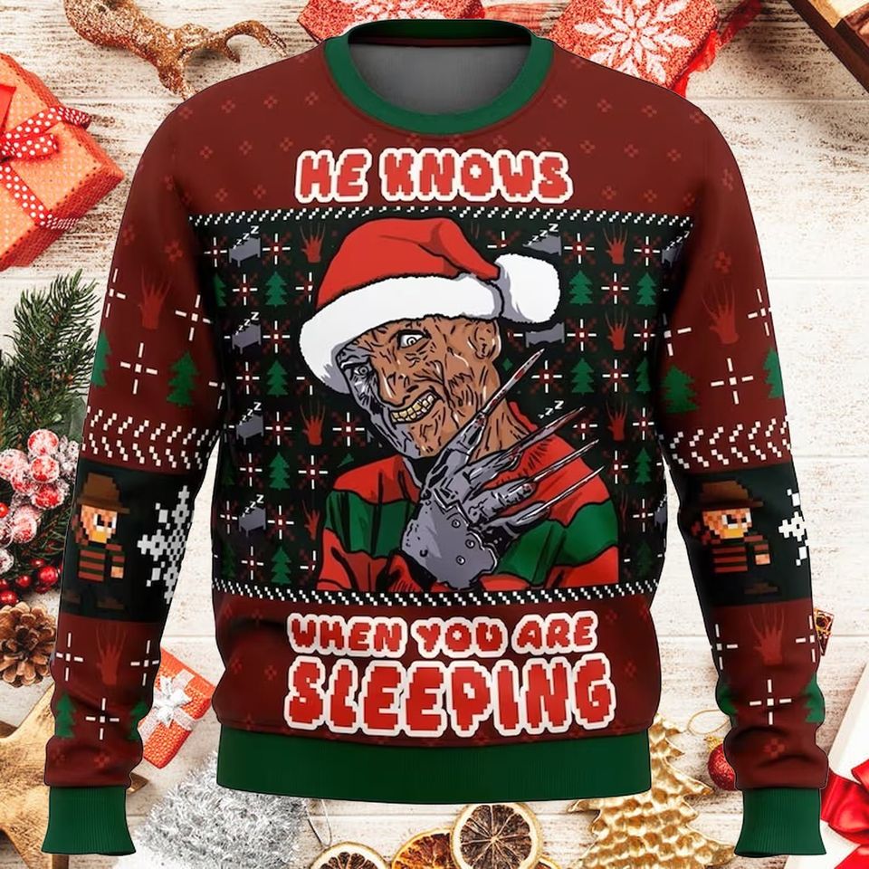A Nightmare on Elm Street Ugly Christmas Sweatshirt | He Know When You Are Sleeping Ugly Xmas Sweatshirt