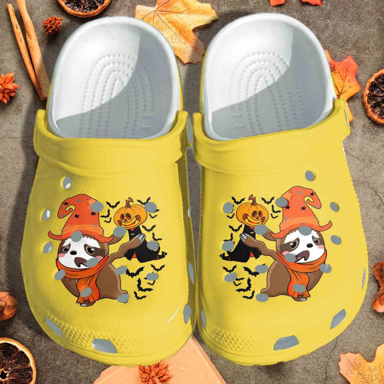 A Sloth Is Afraid Of Pumpkin Ghost Shoes - Funny Halloween Pumpkin Clog Birthday Gift
