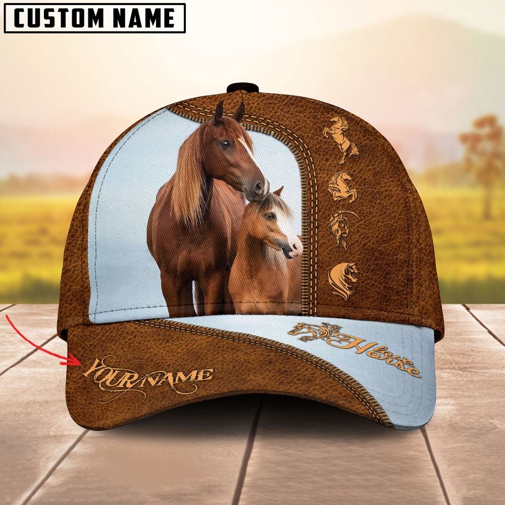 Adeenyc 2 Brown Horses Customized Name Cap, Farm Cap, Farmer Baseball Cap, Cow Cap, Cow Gift, Farm Animal Hat Trucker Hats Custom Hats Gifts For Men & Women