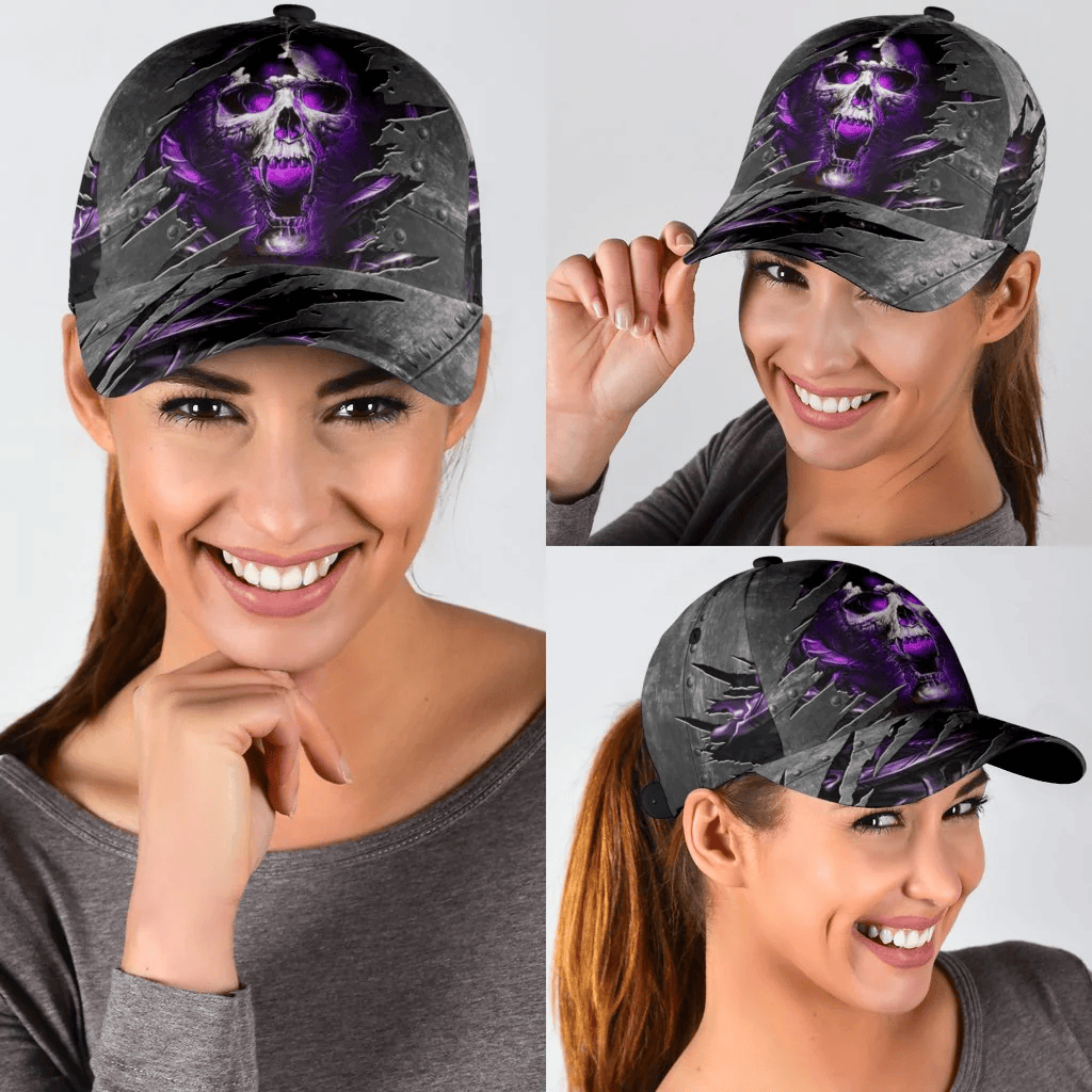 Adeenyc 3D Skull Cap Hat, Purple Skull On Baseball Cap Hat Metal Pattern Trucker Hats Custom Hats Gifts For Men & Women