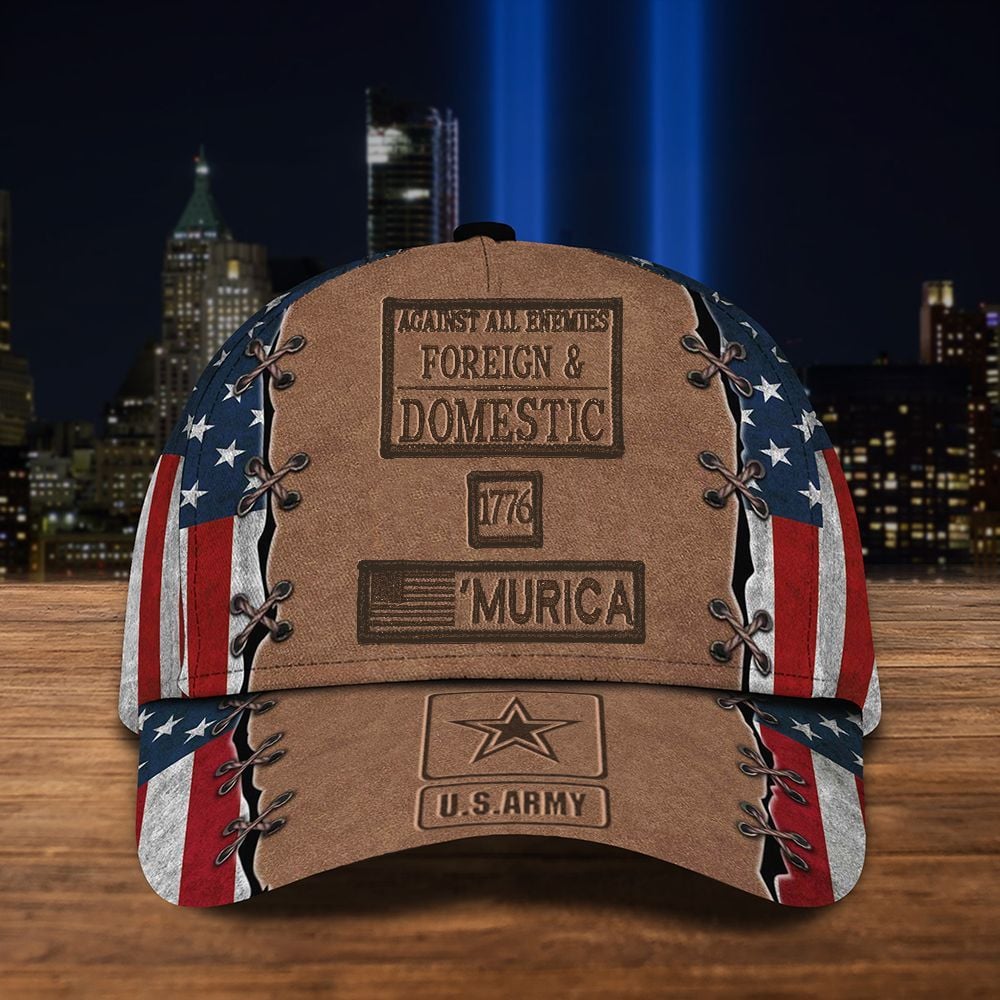 Adeenyc Against All Enemies Foreign And Domestic USA Flag Hat Proud Military Veteran Patriotic Gift Trucker Hats Custom Hats Gifts For Men & Women