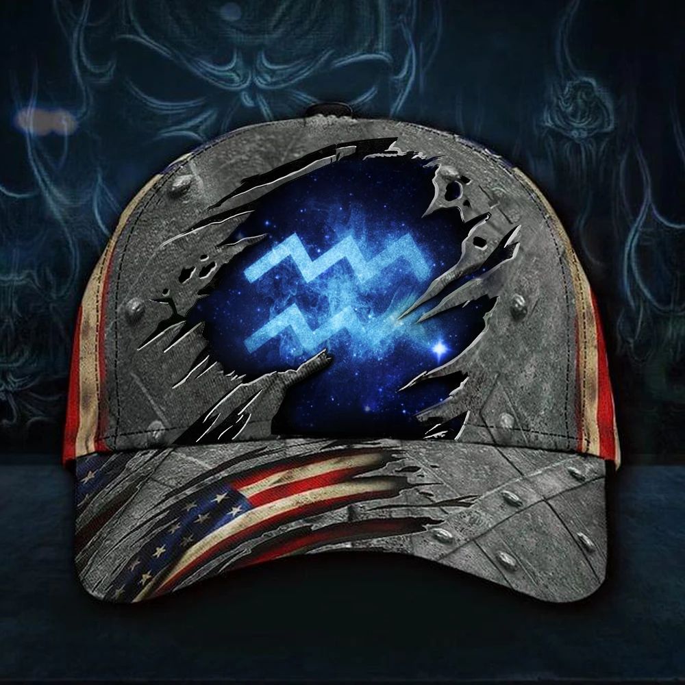 Adeenyc Aquarius Zodiac Hat 3D Print Vintage American Flag Cap Aquarius Gifts For Aquarius Man Trucker Hats Custom Hats Gifts For Men & Women