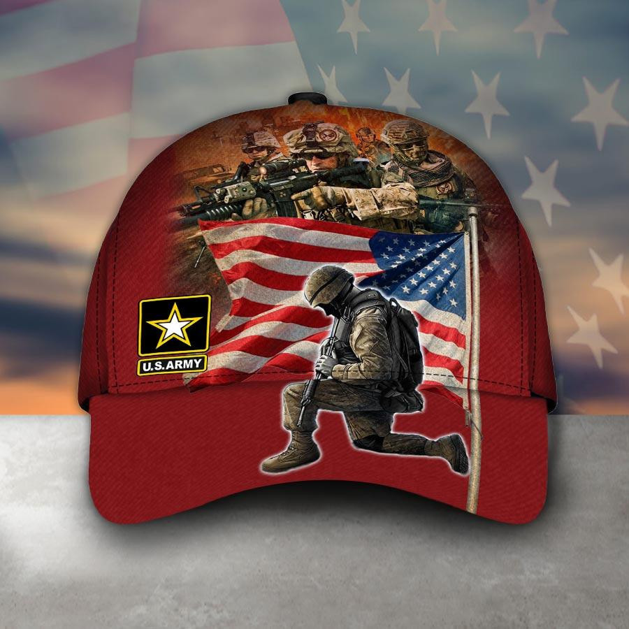 Adeenyc Army Veteran Hats, Custom Veteran Hats, Kneeling Soldier And American Flag US Army Star Logo Armed Forces Army Military Veteran Days Classic Cap Trucker Hats Custom Hats Gifts For Men & Women