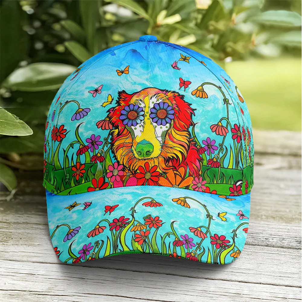 Adeenyc Australian Shepherd Flowers And Butterfly Art Style Baseball Cap Trucker Hats Custom Hats Gifts For Men & Women