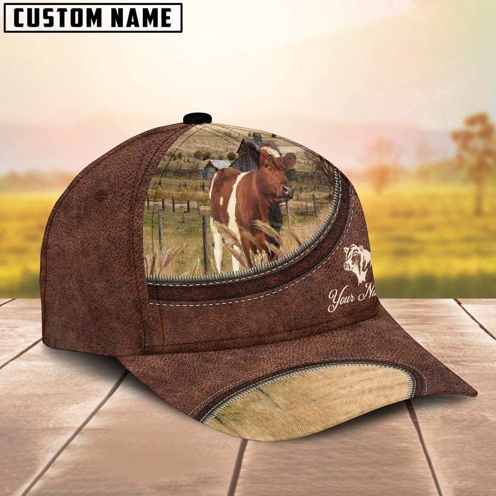 Adeenyc Ayrshire On The Farm Customized Name Leather Pattern Cap, Farm Cap, Farmer Baseball Cap, Cow Cap, Cow Gift, Farm Animal Hat Trucker Hats Custom Hats Gifts For Men & Women