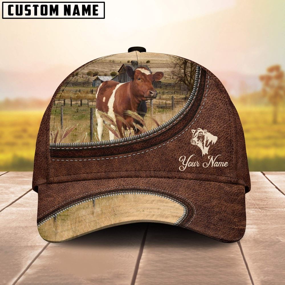 Adeenyc Ayrshire On The Farm Customized Name Leather Pattern Cap, Farm Cap, Farmer Baseball Cap, Cow Cap, Cow Gift, Farm Animal Hat Trucker Hats Custom Hats Gifts For Men & Women