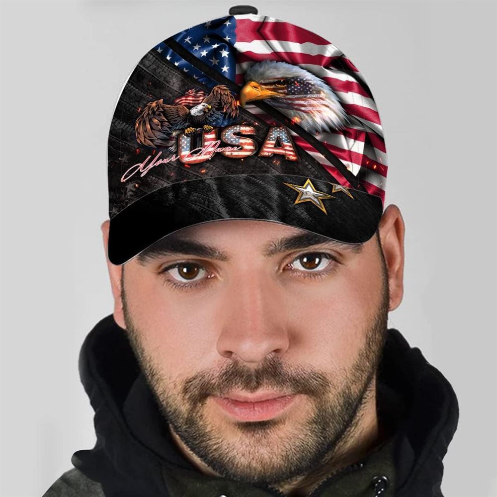 Adeenyc Bald Eagle And Us Flag For Veteran Military Custom Name Baseball Cap, Christian Baseball Cap, Religious Cap, Christian Hat Trucker Hats Custom Hats Gifts For Men & Women