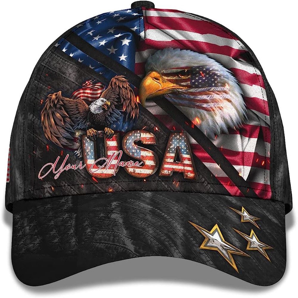 Adeenyc Bald Eagle And Us Flag For Veteran Military Custom Name Baseball Cap, Christian Baseball Cap, Religious Cap, Christian Hat Trucker Hats Custom Hats Gifts For Men & Women