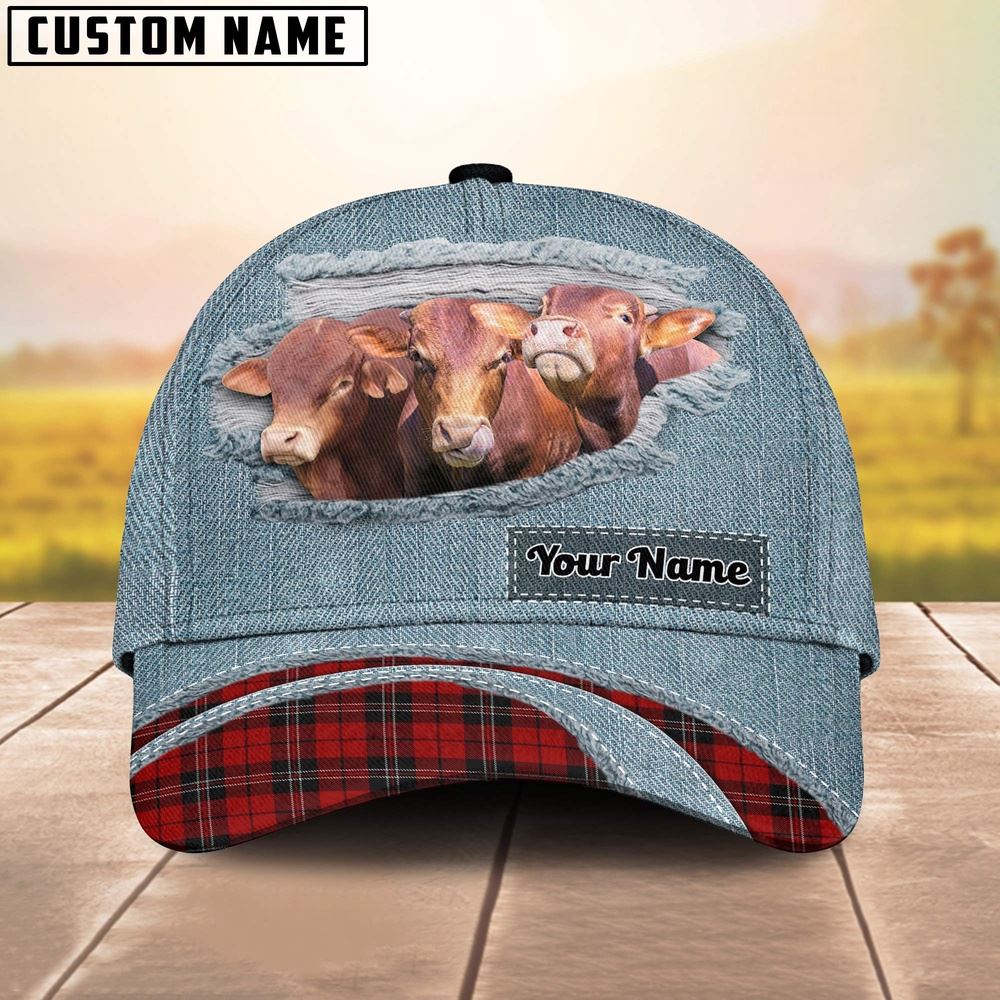 Adeenyc Beefmaster Red Caro And Jeans Pattern Customized Name Cap, Farm Cap, Farmer Baseball Cap, Cow Cap, Cow Gift, Farm Animal Hat Trucker Hats Custom Hats Gifts For Men & Women