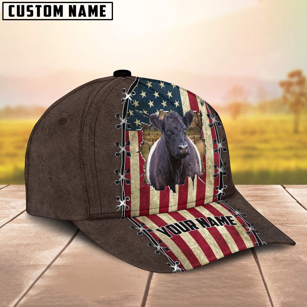 Adeenyc Belted Galloway Flag Customized Name Denim Cap, Farm Cap, Farmer Baseball Cap, Cow Cap, Cow Gift, Farm Animal Hat Trucker Hats Custom Hats Gifts For Men & Women
