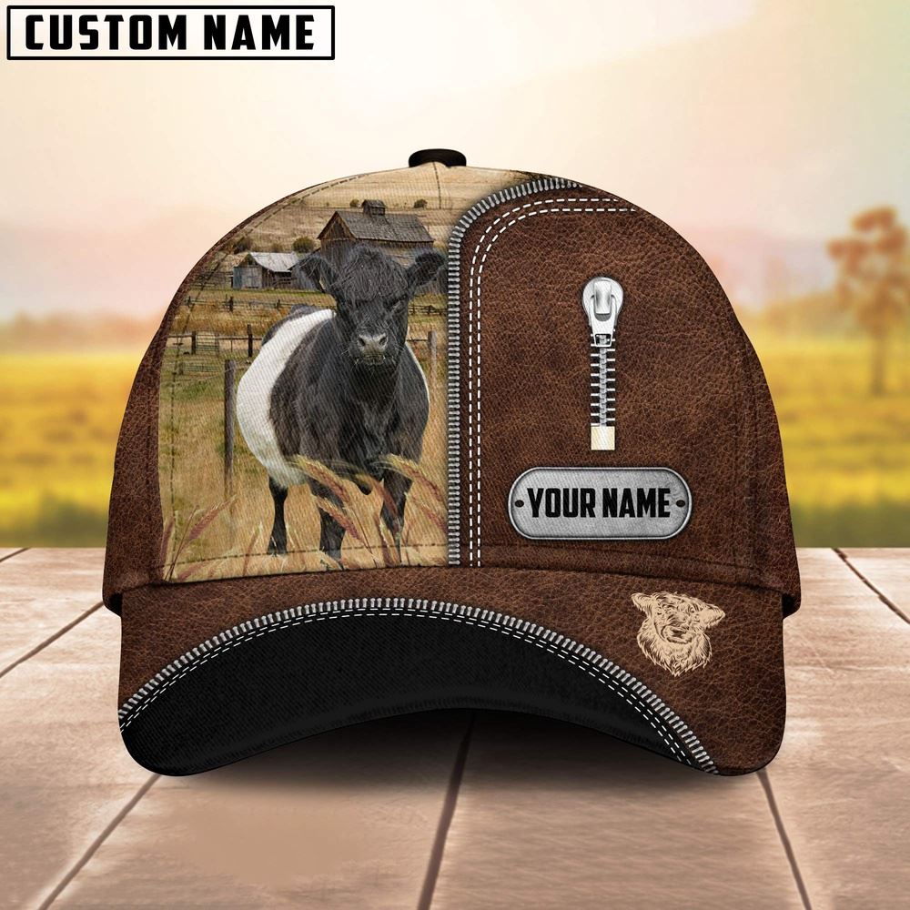 Adeenyc Belted Galloway Leather Zip Pattern Customized Name Cap, Farm Cap, Farmer Baseball Cap, Cow Cap, Cow Gift, Farm Animal Hat Trucker Hats Custom Hats Gifts For Men & Women