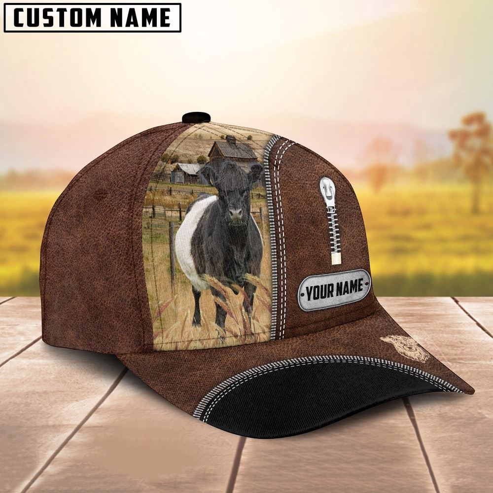 Adeenyc Belted Galloway Leather Zip Pattern Customized Name Cap, Farm Cap, Farmer Baseball Cap, Cow Cap, Cow Gift, Farm Animal Hat Trucker Hats Custom Hats Gifts For Men & Women