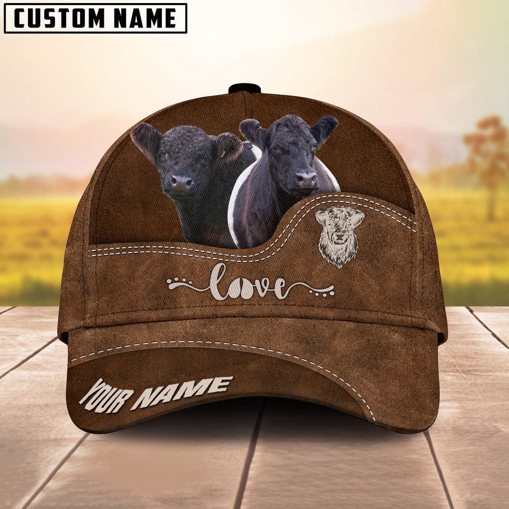 Adeenyc Belted Galloway Love Leather Pattern Customized Name Cap, Farm Cap, Farmer Baseball Cap, Cow Cap, Cow Gift, Farm Animal Hat Trucker Hats Custom Hats Gifts For Men & Women