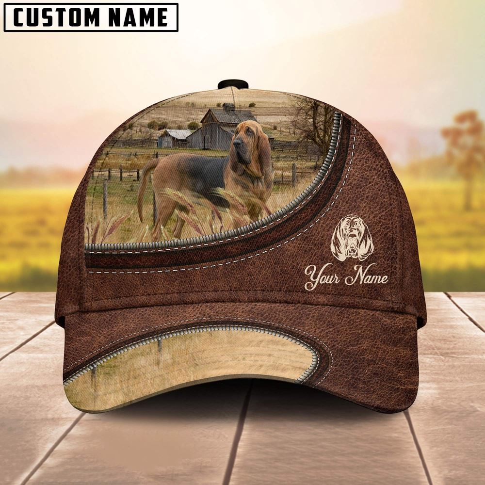 Adeenyc Black & Tan Bloodhounds Customized Name Leather Pattern Cap, Farm Cap, Farmer Baseball Cap, Cow Cap, Cow Gift, Farm Animal Hat Trucker Hats Custom Hats Gifts For Men & Women