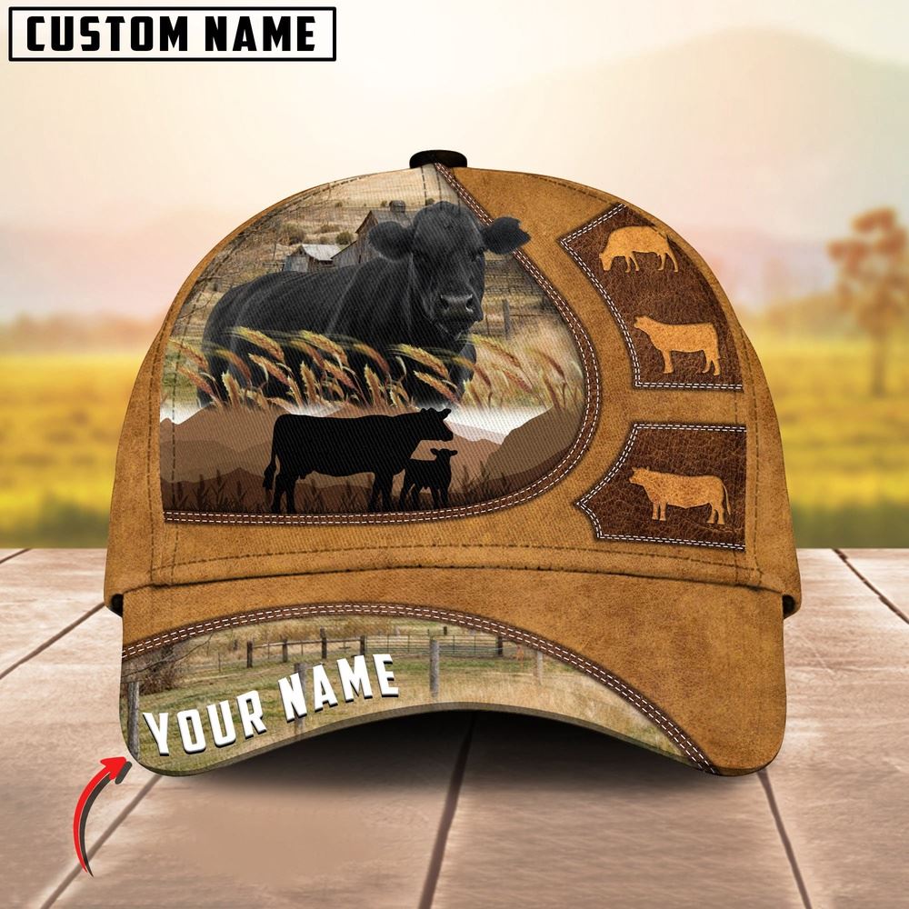 Adeenyc Black Angus Art On Farm Yellow Leather Pattern Customized 3D Cap, Farm Cap, Farmer Baseball Cap, Cow Cap, Cow Gift, Farm Animal Hat Trucker Hats Custom Hats Gifts For Men & Women