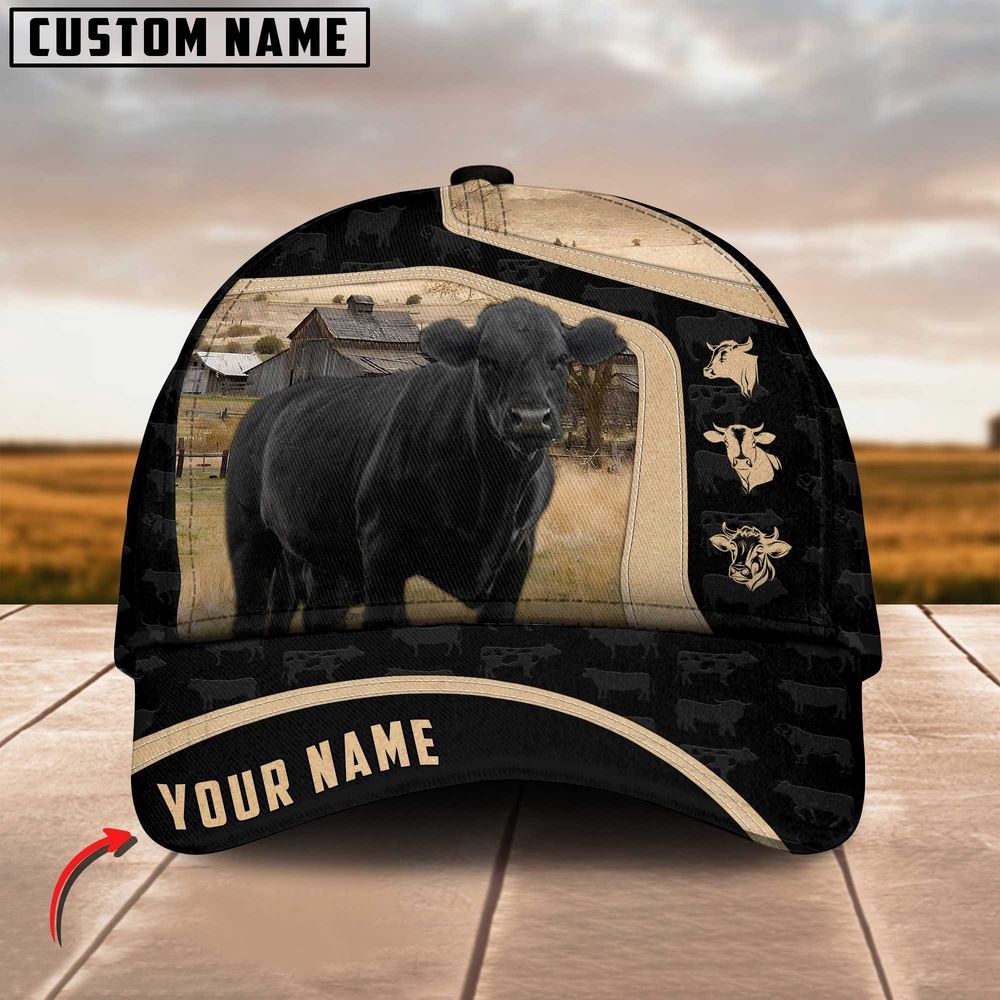 Adeenyc Black Angus Cattle Black Yellow Pattern Customized Name Cap, Farm Cap, Farmer Baseball Cap, Cow Cap, Cow Gift, Farm Animal Hat Trucker Hats Custom Hats Gifts For Men & Women