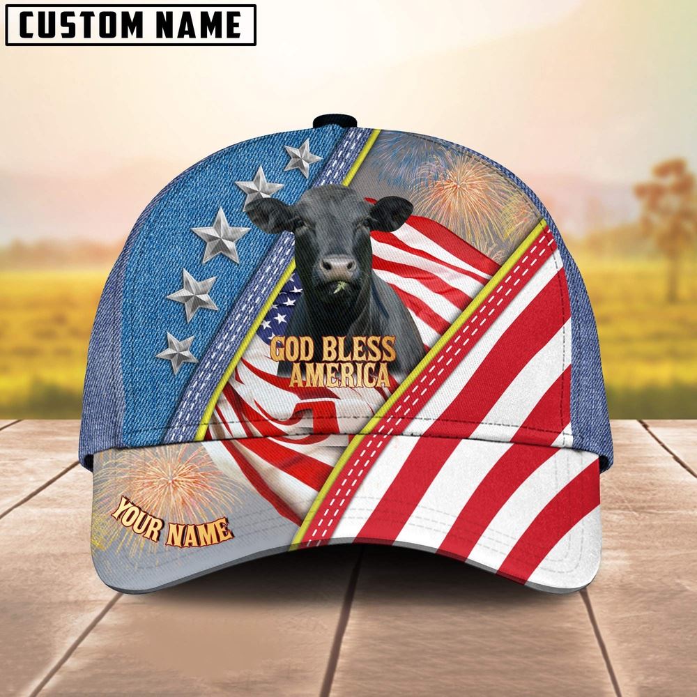 Adeenyc Black Angus Cattle Blue Denim Pattern Customized Name Cap, Farm Cap, Farmer Baseball Cap, Cow Cap, Cow Gift, Farm Animal Hat Trucker Hats Custom Hats Gifts For Men & Women