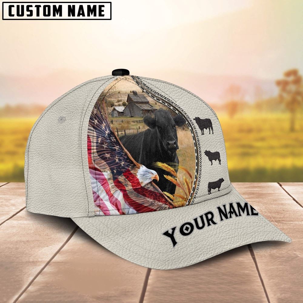 Adeenyc Black Angus Eagle US Flag Leather Pattern Customized 3D Cap, Farm Cap, Farmer Baseball Cap, Cow Cap, Cow Gift, Farm Animal Hat Trucker Hats Custom Hats Gifts For Men & Women