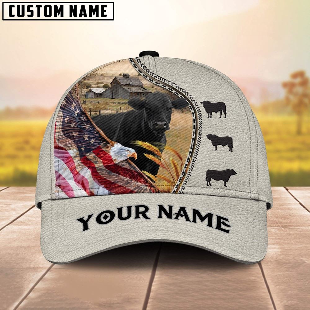 Adeenyc Black Angus Eagle US Flag Leather Pattern Customized 3D Cap, Farm Cap, Farmer Baseball Cap, Cow Cap, Cow Gift, Farm Animal Hat Trucker Hats Custom Hats Gifts For Men & Women