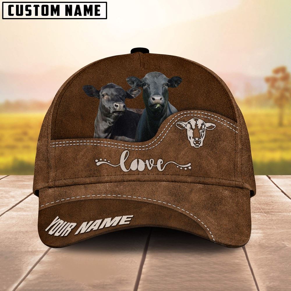 Adeenyc Black Angus Love Leather Pattern Customized Name Cap, Farm Cap, Farmer Baseball Cap, Cow Cap, Cow Gift, Farm Animal Hat Trucker Hats Custom Hats Gifts For Men & Women