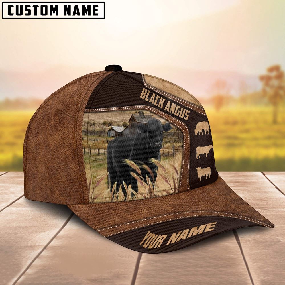 Adeenyc Black Angus On Farm Brown Leather Pattern Customized 3D Cap, Farm Cap, Farmer Baseball Cap, Cow Cap, Cow Gift, Farm Animal Hat Trucker Hats Custom Hats Gifts For Men & Women