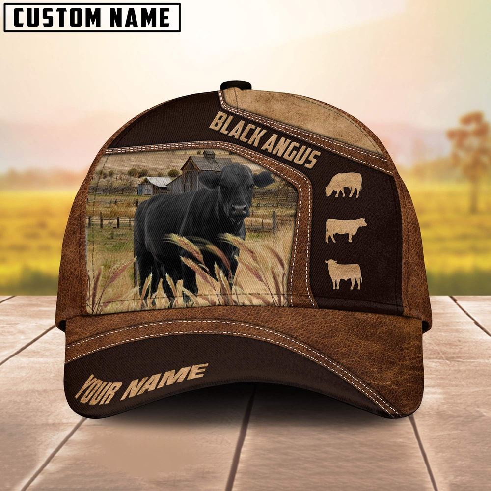 Adeenyc Black Angus On Farm Brown Leather Pattern Customized 3D Cap, Farm Cap, Farmer Baseball Cap, Cow Cap, Cow Gift, Farm Animal Hat Trucker Hats Custom Hats Gifts For Men & Women
