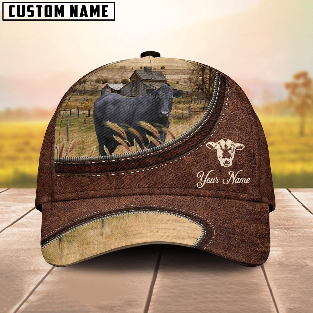Adeenyc Black Angus On The Farm Customized Name Leather Pattern Cap, Farm Cap, Farmer Baseball Cap, Cow Cap, Cow Gift, Farm Animal Hat Trucker Hats Custom Hats Gifts For Men & Women