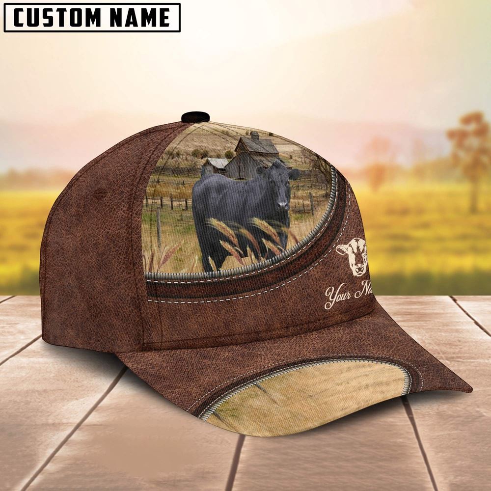 Adeenyc Black Angus On The Farm Customized Name Leather Pattern Cap, Farm Cap, Farmer Baseball Cap, Cow Cap, Cow Gift, Farm Animal Hat Trucker Hats Custom Hats Gifts For Men & Women