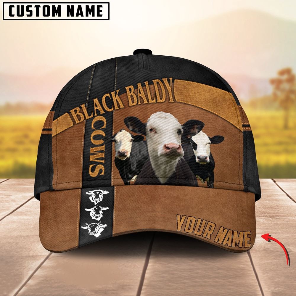 Adeenyc Black Baldy Black Traffic Line Leather Pattern Customized 3D Cap, Farm Cap, Farmer Baseball Cap, Cow Cap, Cow Gift, Farm Animal Hat Trucker Hats Custom Hats Gifts For Men & Women